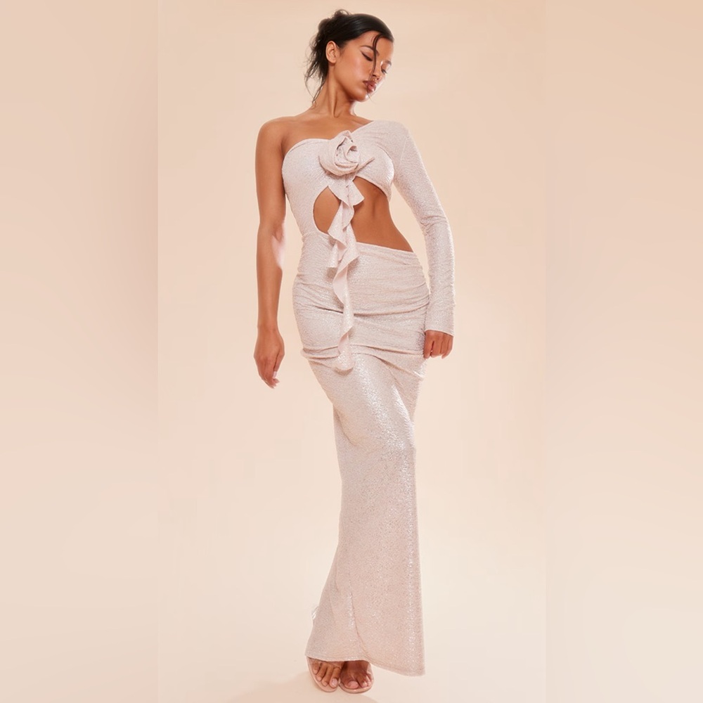 Rose Gold Textured Metallic One Sleeve Rose Detail Cut Out Maxi Dress